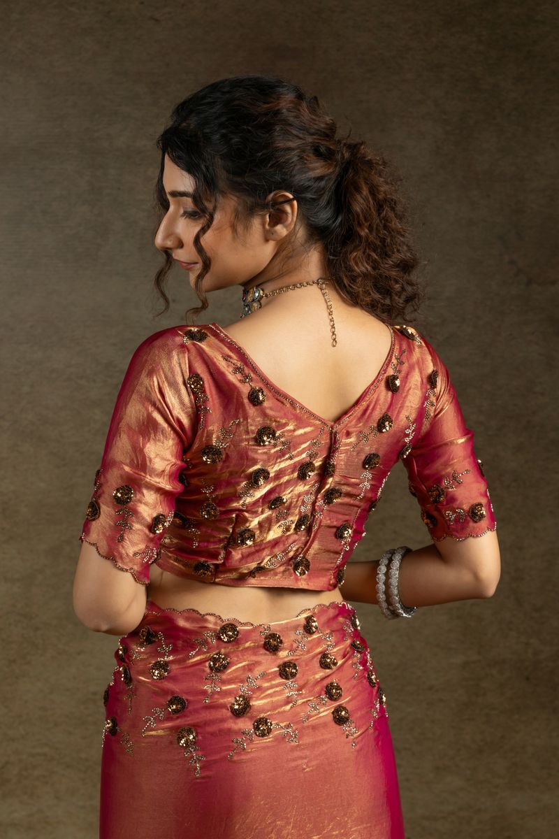 Shade Pink Two Tone Satin Silk With Zarkan & Applique Sequence Cut Work Border Saree - qivii