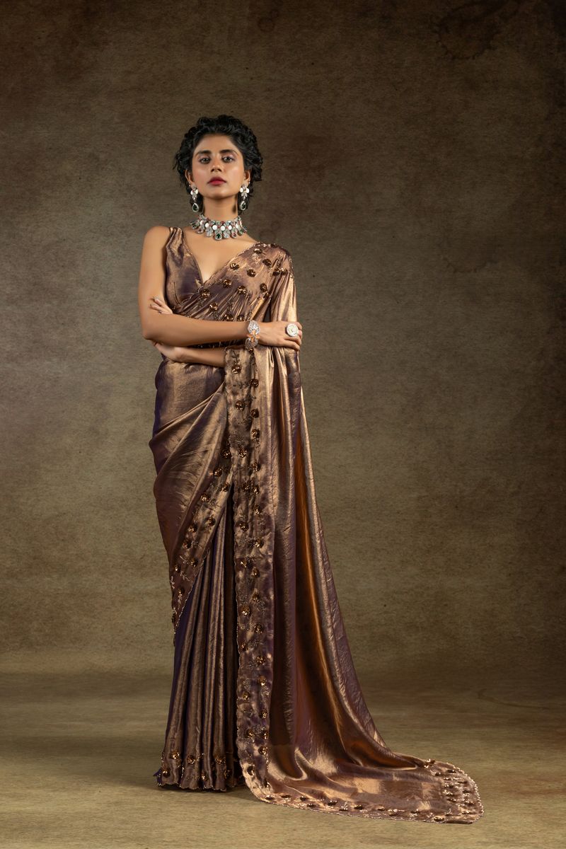 Rich Brown Two Tone Satin Silk With Zarkan & Applique Sequence Cut Work Border Saree - qivii
