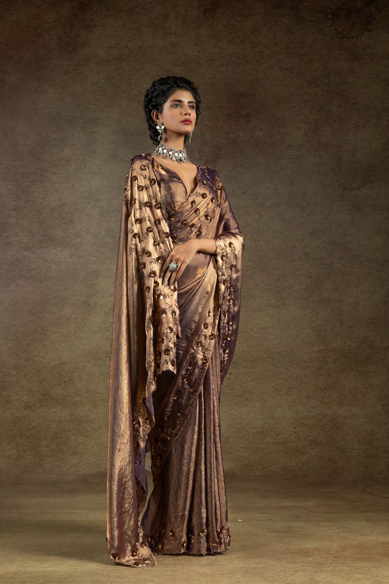 Rich Brown Two Tone Satin Silk With Zarkan & Applique Sequence Cut Work Border Saree - qivii