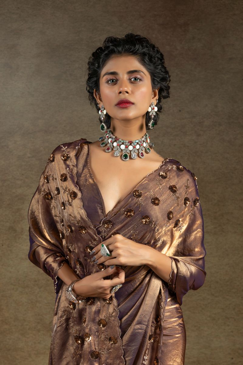 Rich Brown Two Tone Satin Silk With Zarkan & Applique Sequence Cut Work Border Saree - qivii