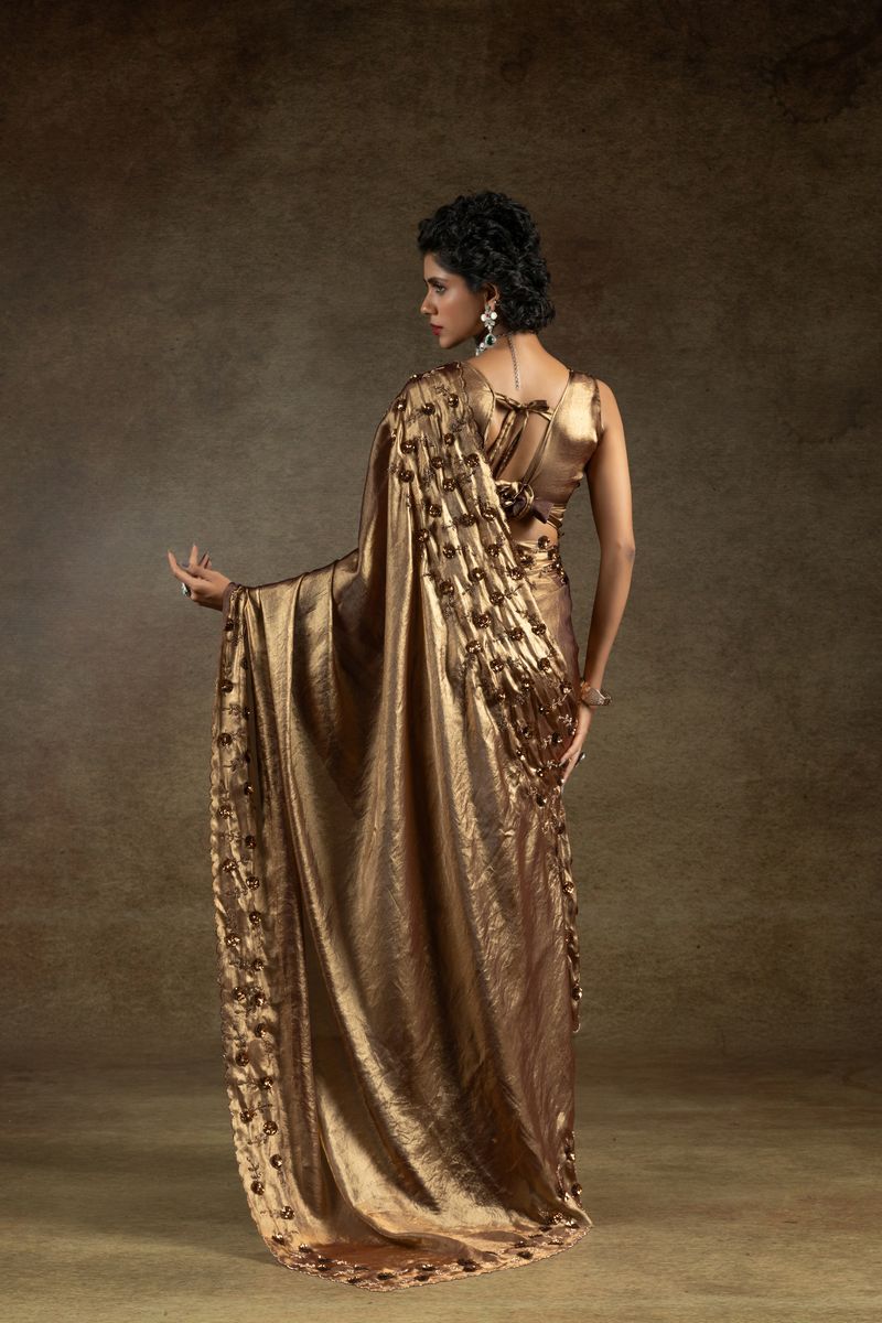 Rich Brown Two Tone Satin Silk With Zarkan & Applique Sequence Cut Work Border Saree - qivii