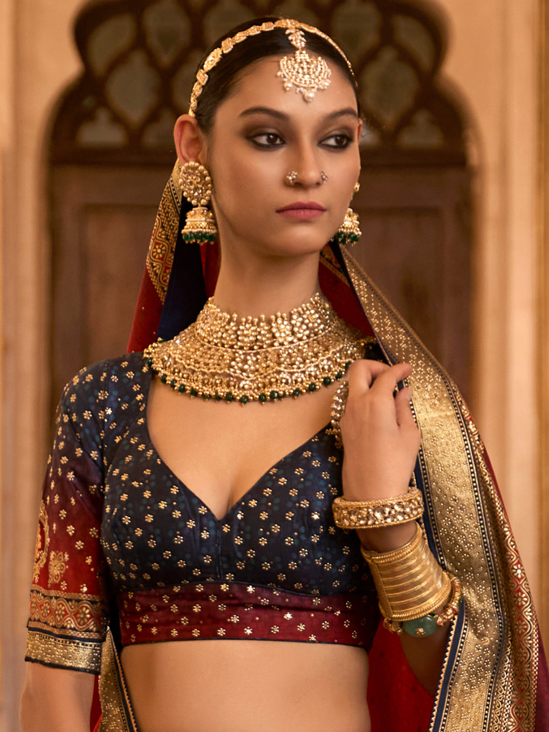 Red-Blue Designer Silk Ready to Wear Lehenga Choli With Sparkle & Aari Mirror Work - qivii