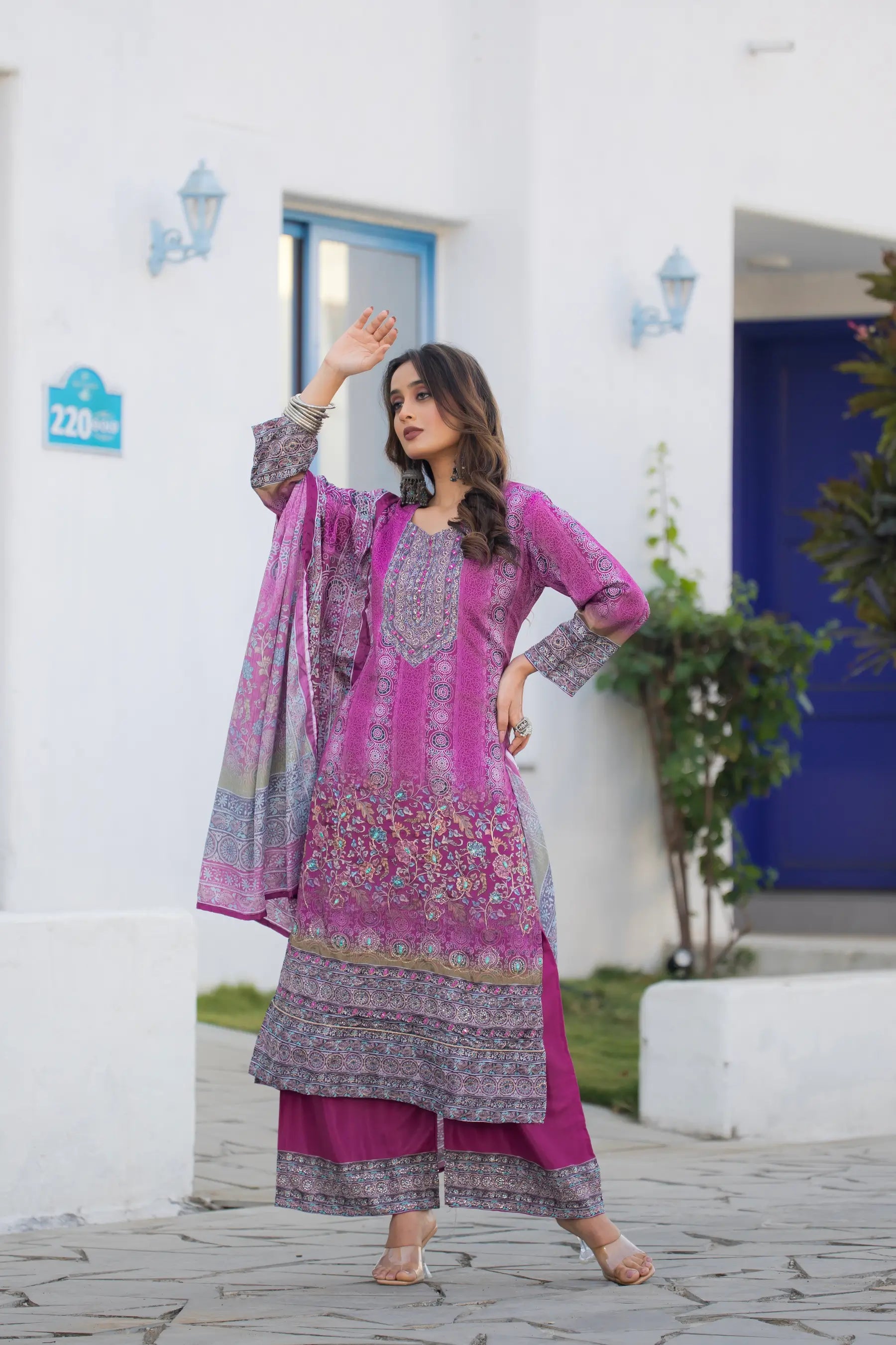 Purple Chinon Handwork & Printed Salwar Suit - qivii