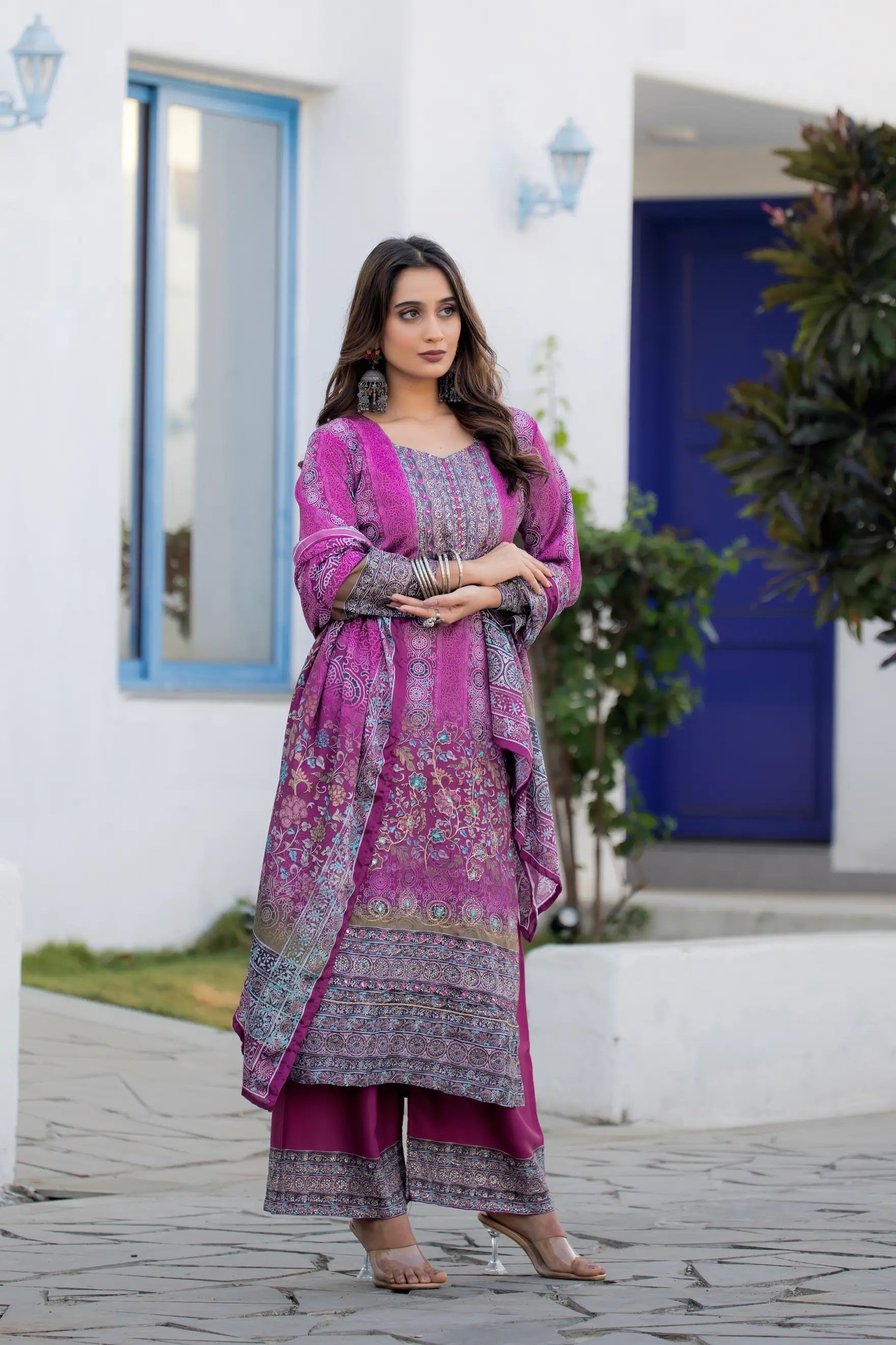Purple Chinon Handwork & Printed Salwar Suit - qivii