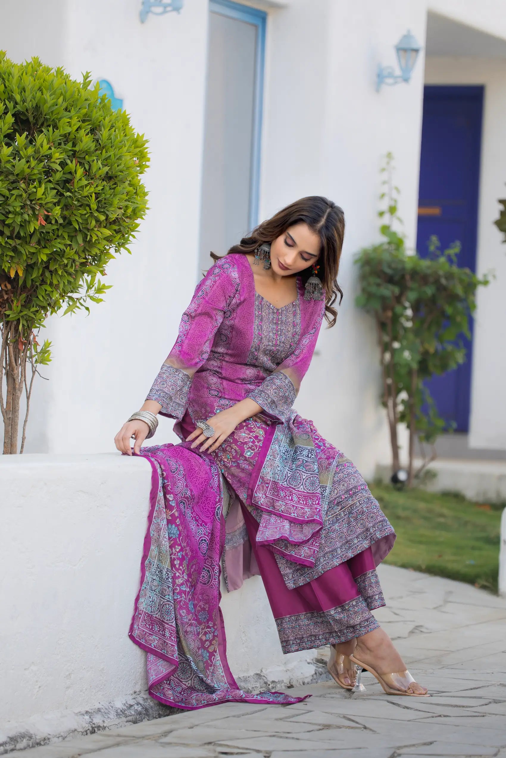Purple Chinon Handwork & Printed Salwar Suit - qivii