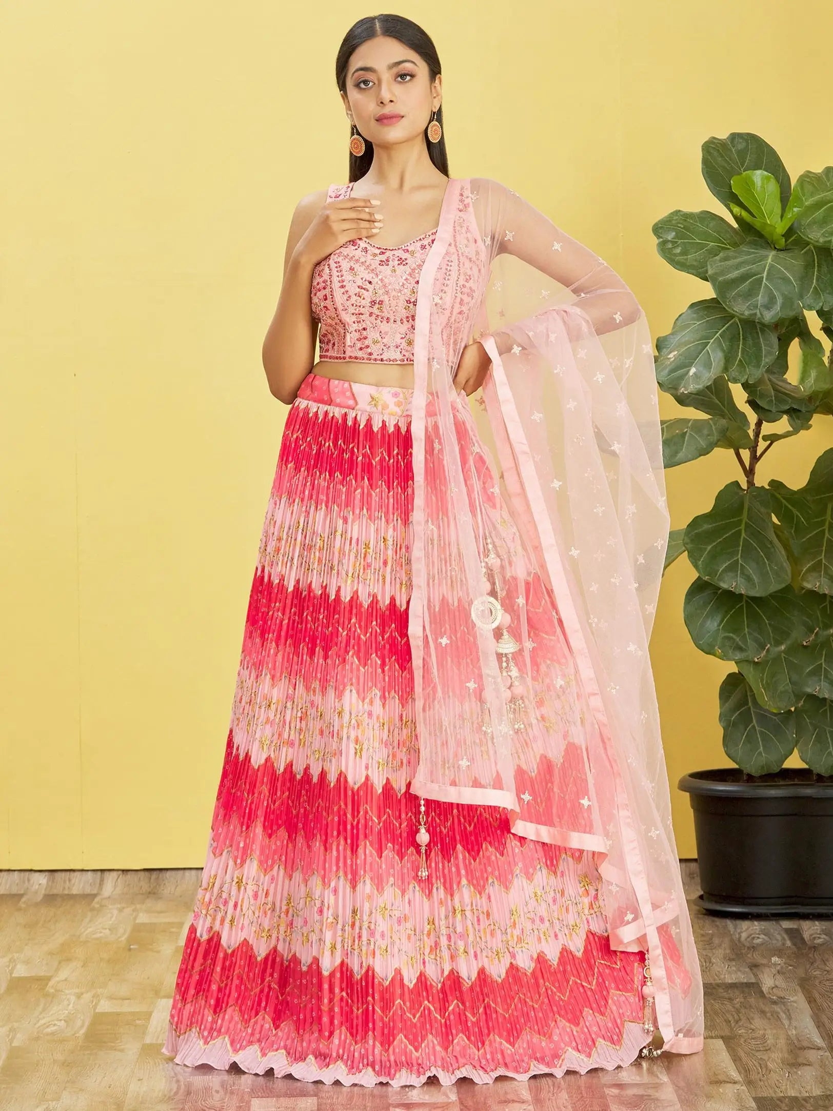 Pink Lehenga With Digital Print And Thread Zari Sequins Embroidery Real Mirror Work | Ready To Wear - qivii