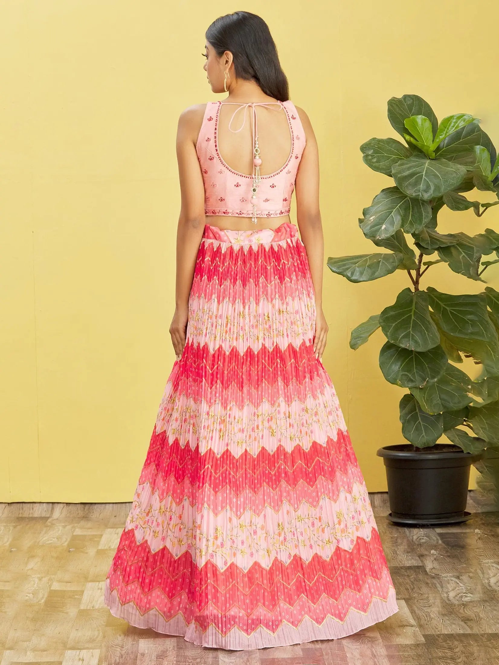 Pink Lehenga With Digital Print And Thread Zari Sequins Embroidery Real Mirror Work | Ready To Wear - qivii