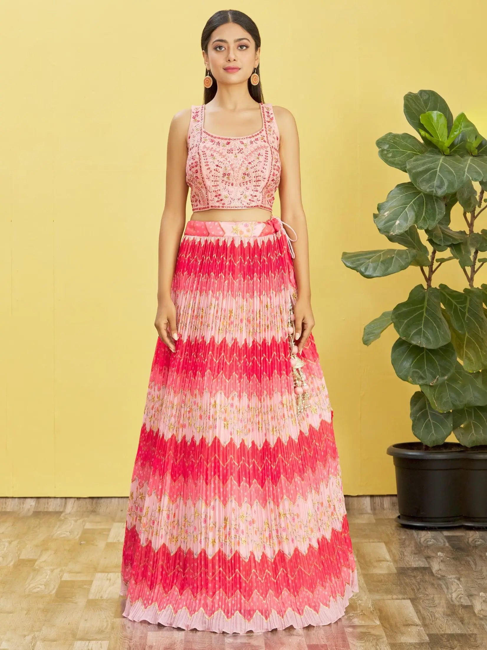 Pink Lehenga With Digital Print And Thread Zari Sequins Embroidery Real Mirror Work | Ready To Wear - qivii