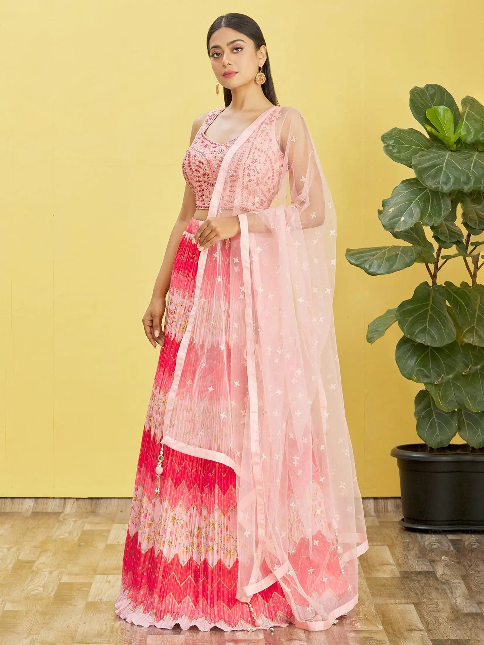 Pink Lehenga With Digital Print And Thread Zari Sequins Embroidery Real Mirror Work | Ready To Wear - qivii