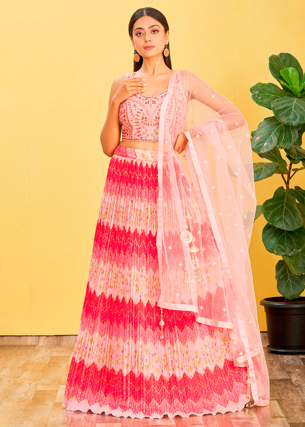 Shades Of Pink Digital Printed Chinnon Lehenga with Thread,Zari & Sequins Work | Ready To Wear - qivii