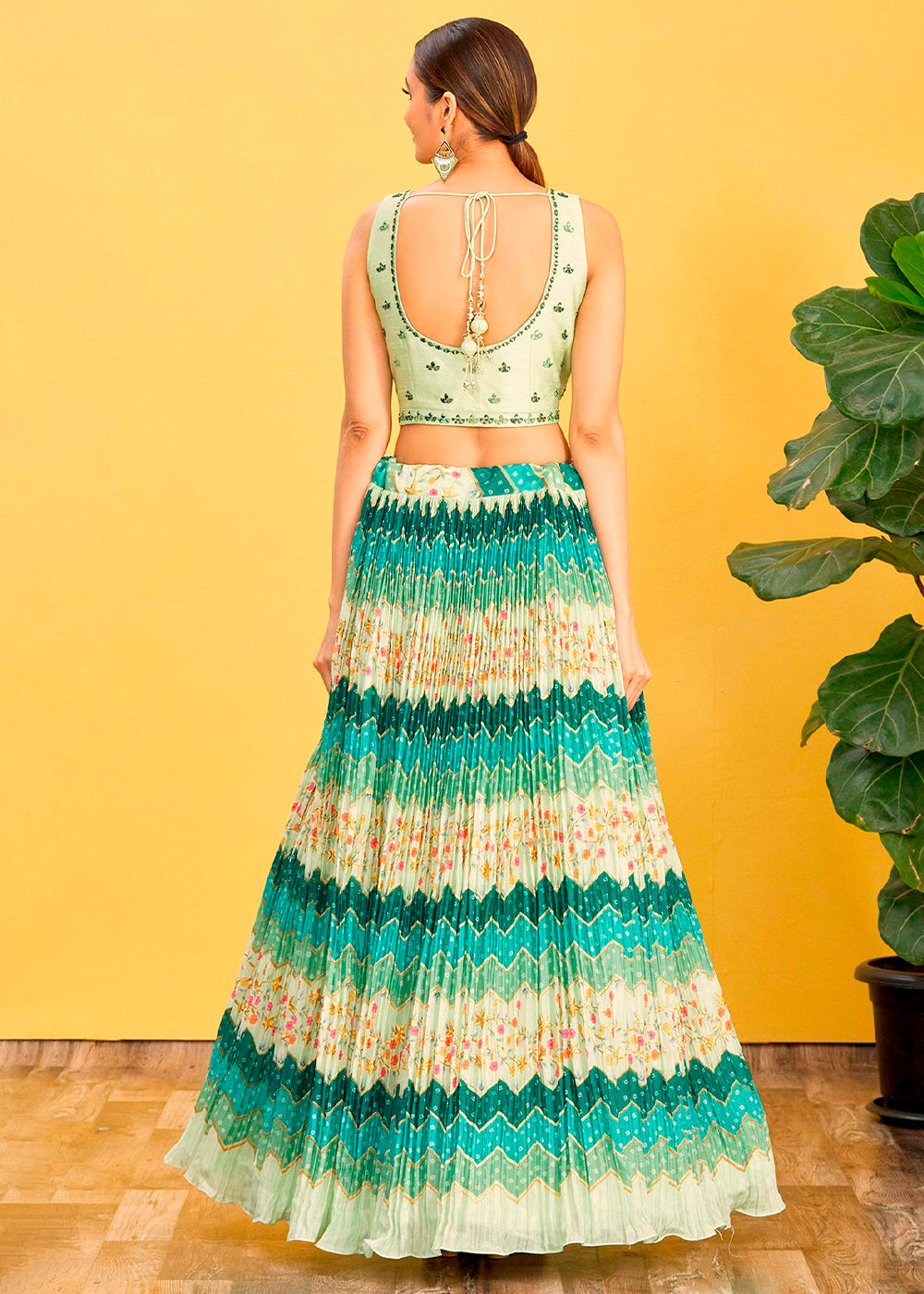 Shades Of Green Digital Printed Chinnon Lehenga with Thread,Zari & Sequins Work | Ready To Wear - qivii