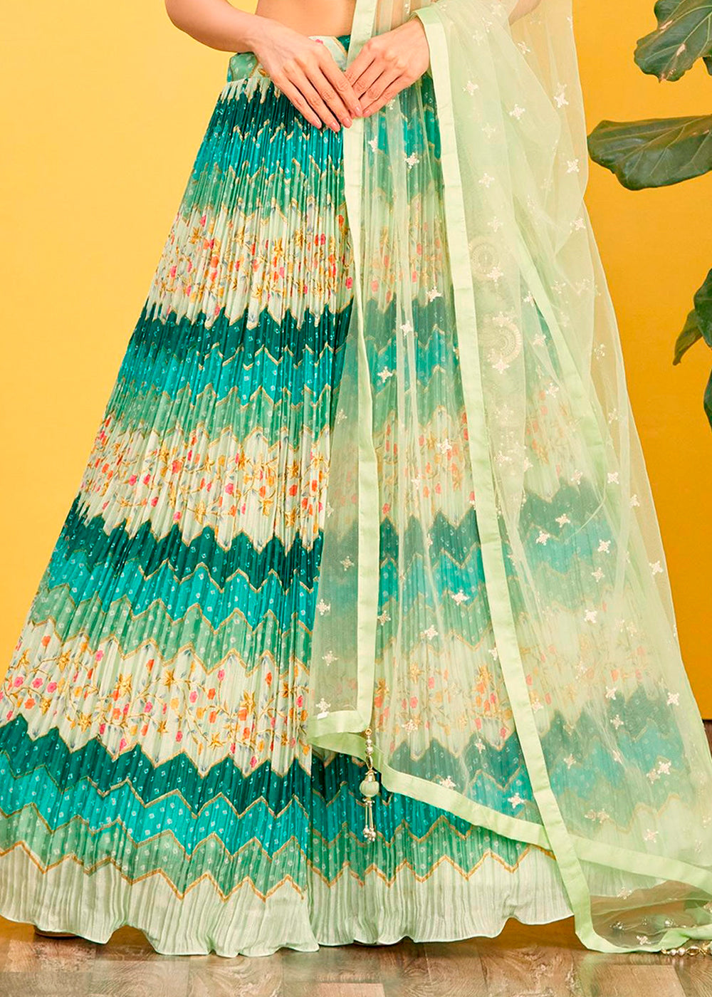 Shades Of Green Digital Printed Chinnon Lehenga with Thread,Zari & Sequins Work | Ready To Wear - qivii