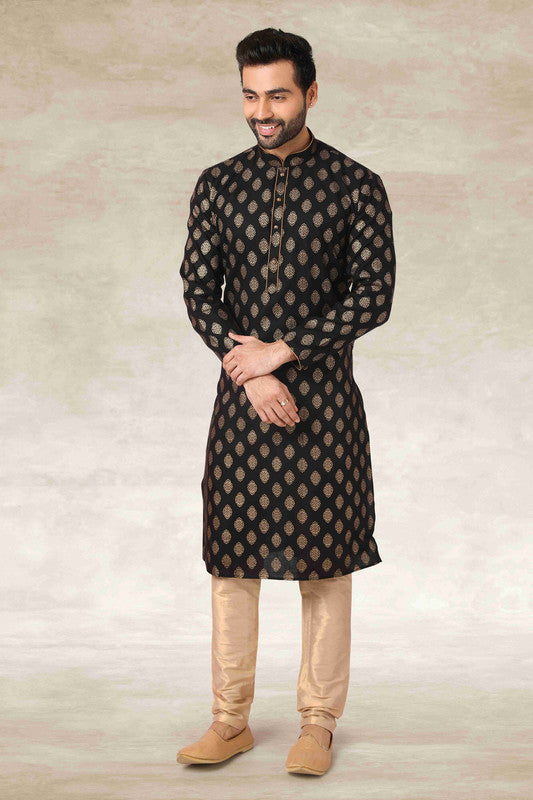 Men's Cotton Printed Work Kurta Pajama In Black Colour
