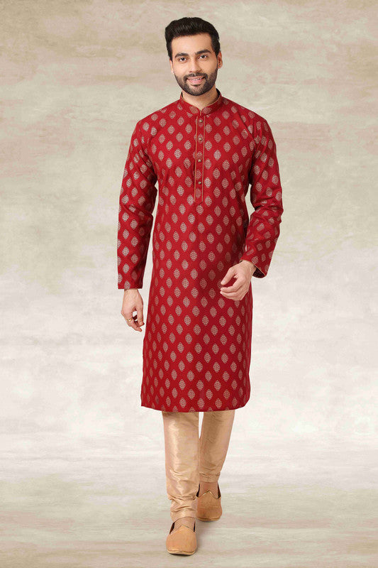 Men's Cotton Printed Work Kurta Pajama In Maroon Colour