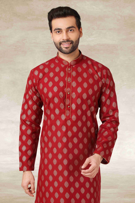 Men's Cotton Printed Work Kurta Pajama In Maroon Colour