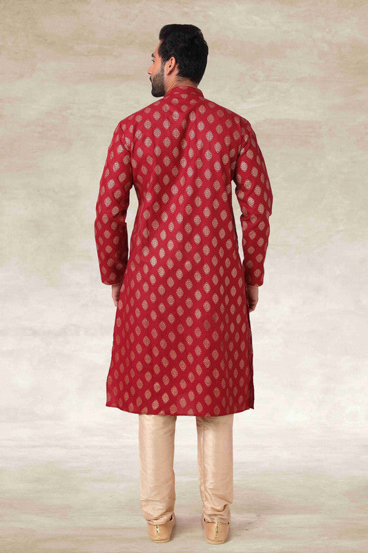 Men's Cotton Printed Work Kurta Pajama In Maroon Colour