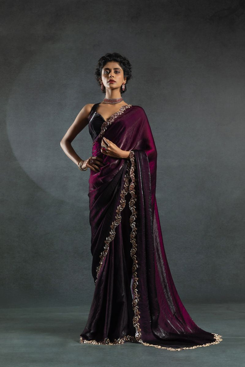 Maroon Two Tone Shaded Satin Silk With Zarkan Handwork & Cut Work Border Saree - qivii