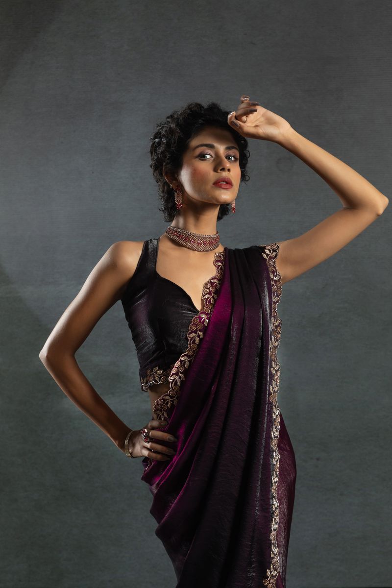 Maroon Two Tone Shaded Satin Silk With Zarkan Handwork & Cut Work Border Saree - qivii