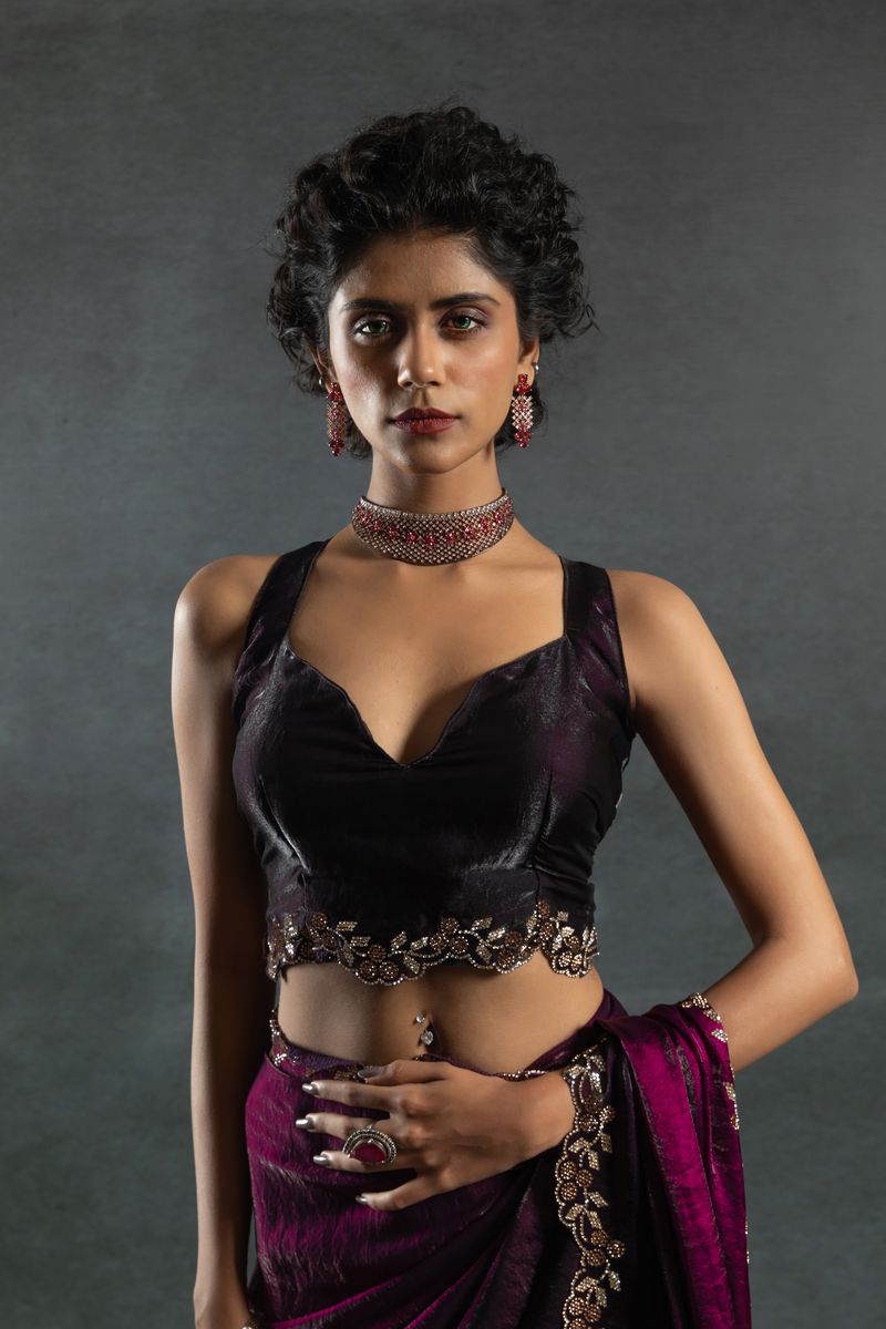 Maroon Two Tone Shaded Satin Silk With Zarkan Handwork & Cut Work Border Saree - qivii