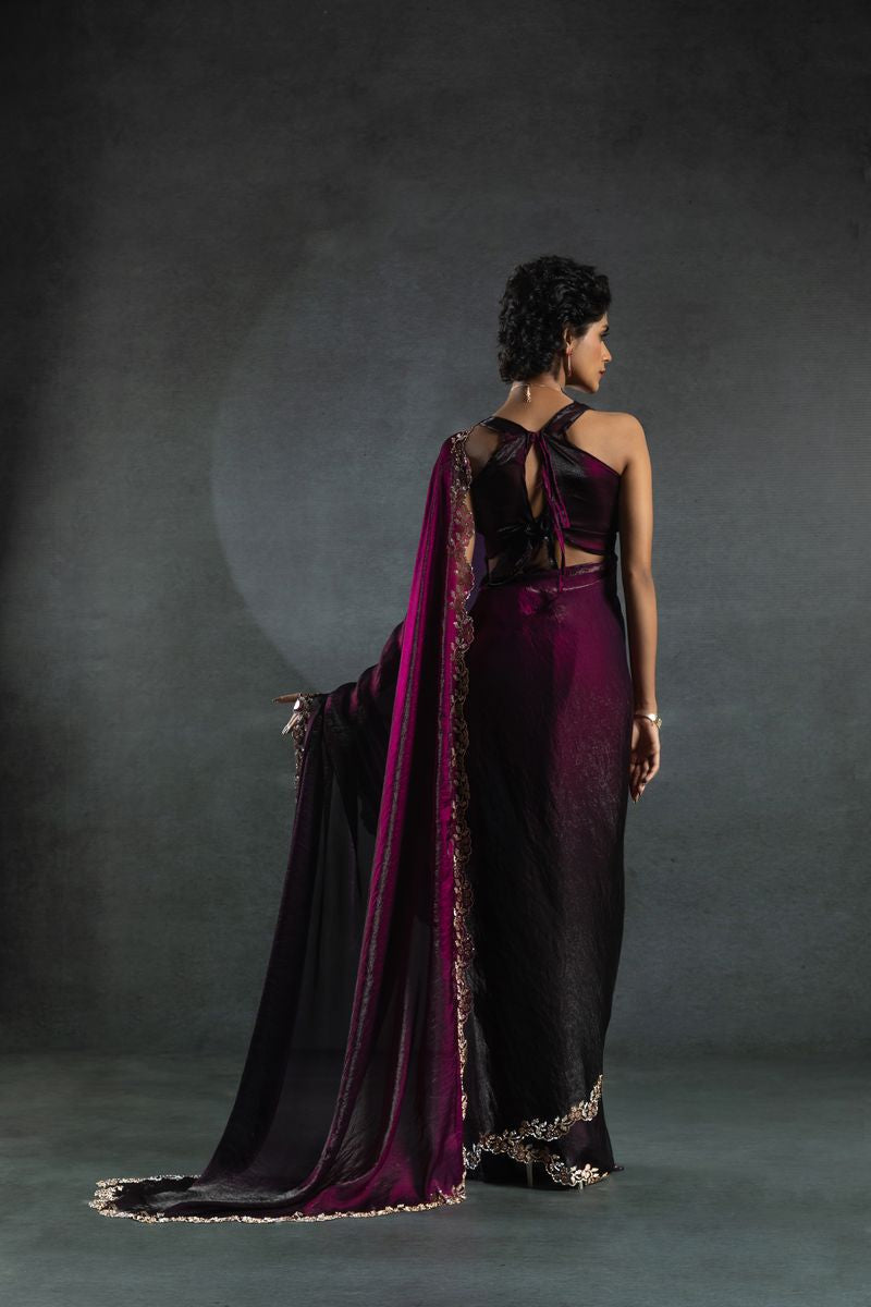 Maroon Two Tone Shaded Satin Silk With Zarkan Handwork & Cut Work Border Saree - qivii