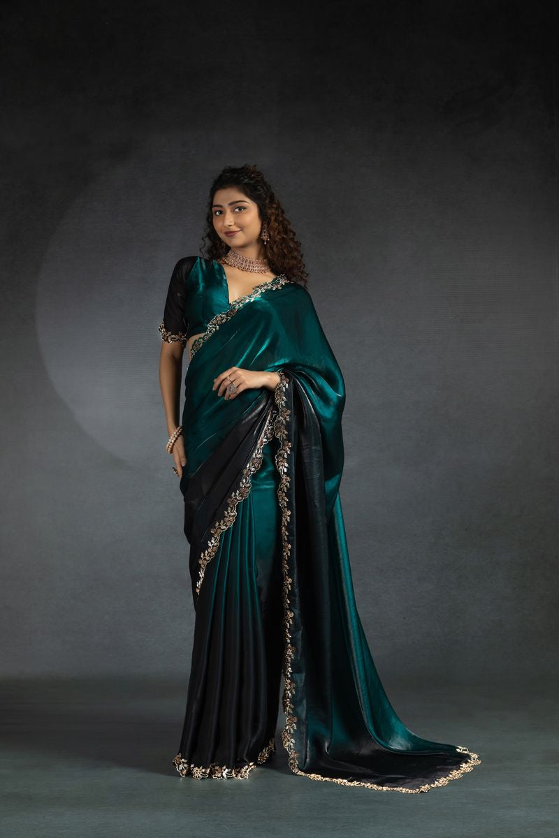 Teal Blue Two Tone Shaded Satin Silk With Zarkan Handwork & Cut Work Border Saree - qivii