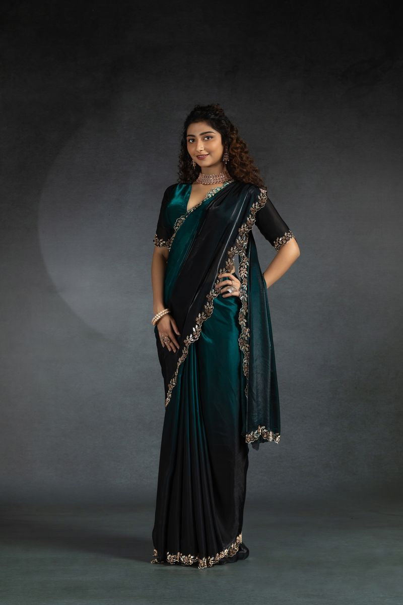 Teal Blue Two Tone Shaded Satin Silk With Zarkan Handwork & Cut Work Border Saree - qivii