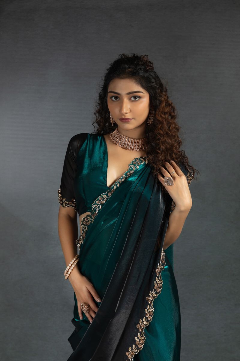 Teal Blue Two Tone Shaded Satin Silk With Zarkan Handwork & Cut Work Border Saree - qivii