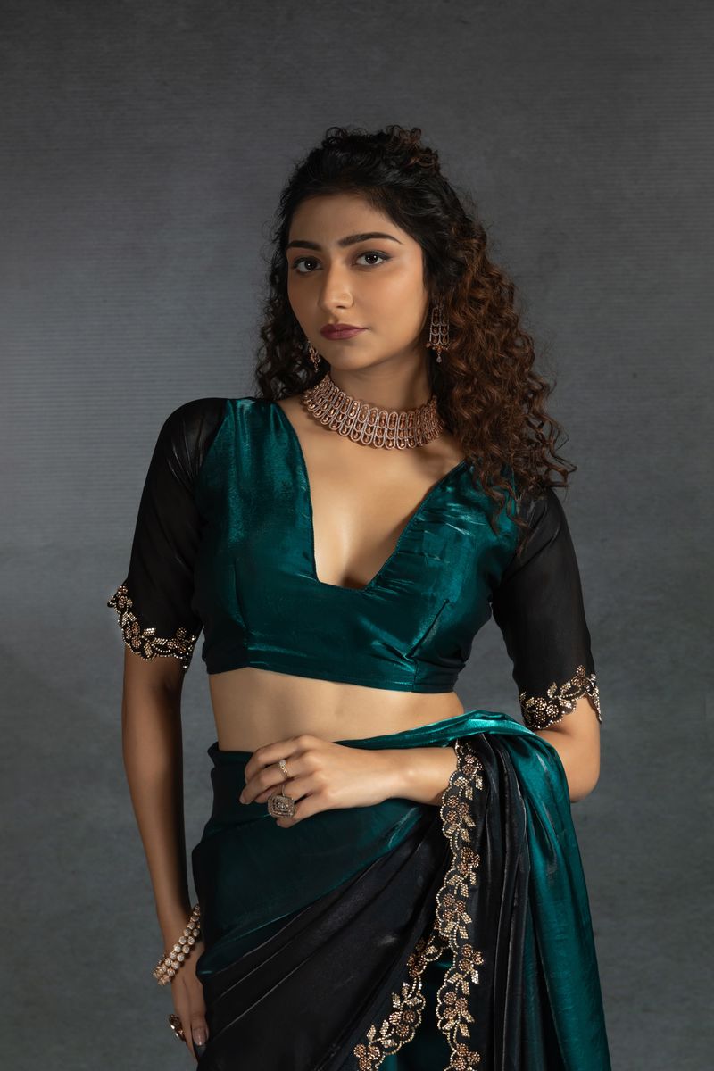 Teal Blue Two Tone Shaded Satin Silk With Zarkan Handwork & Cut Work Border Saree - qivii