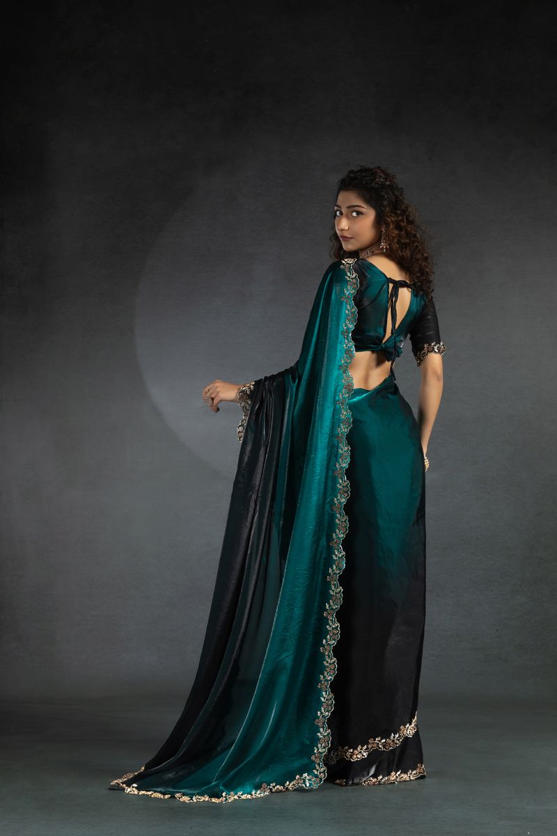 Teal Blue Two Tone Shaded Satin Silk With Zarkan Handwork & Cut Work Border Saree - qivii