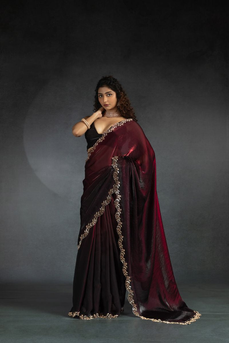 Maroon & Black Two Tone Shaded Satin Silk With Zarkan Handwork & Cut Work Border Saree - qivii