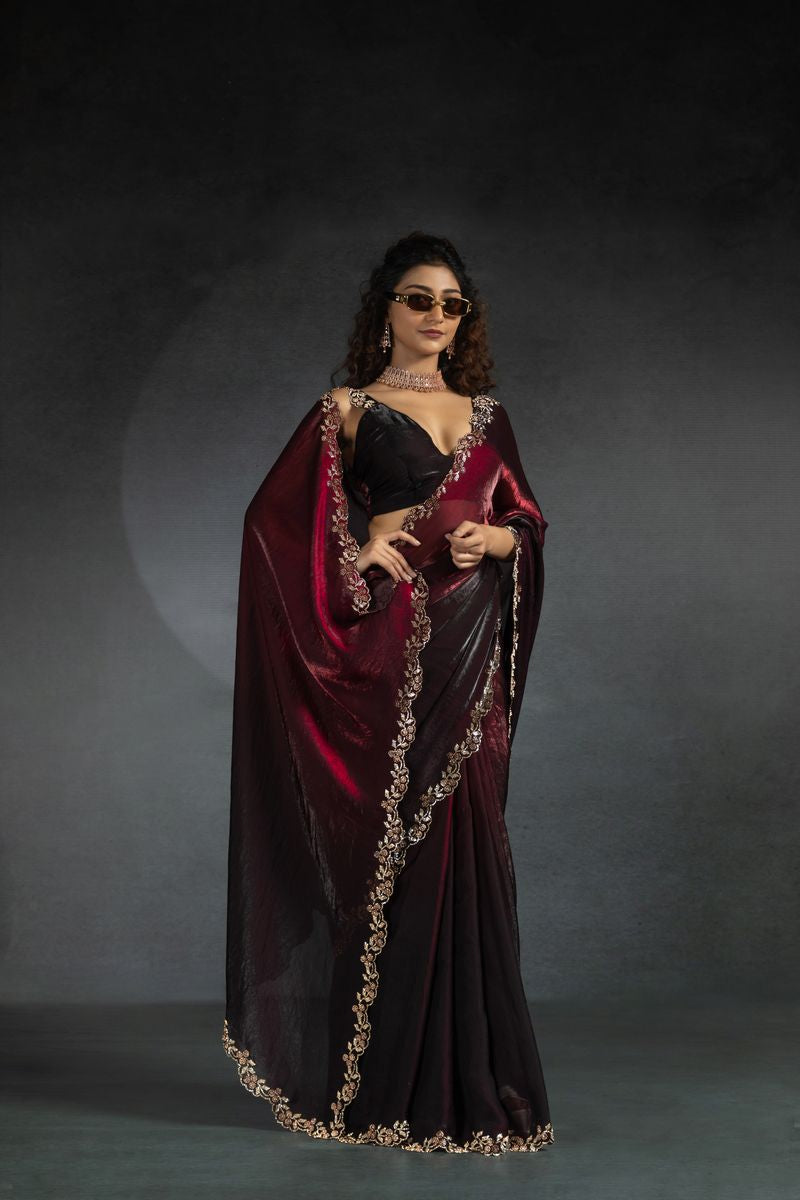 Maroon & Black Two Tone Shaded Satin Silk With Zarkan Handwork & Cut Work Border Saree - qivii