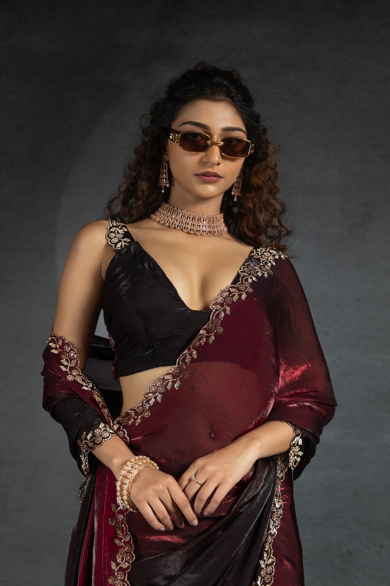 Maroon & Black Two Tone Shaded Satin Silk With Zarkan Handwork & Cut Work Border Saree - qivii