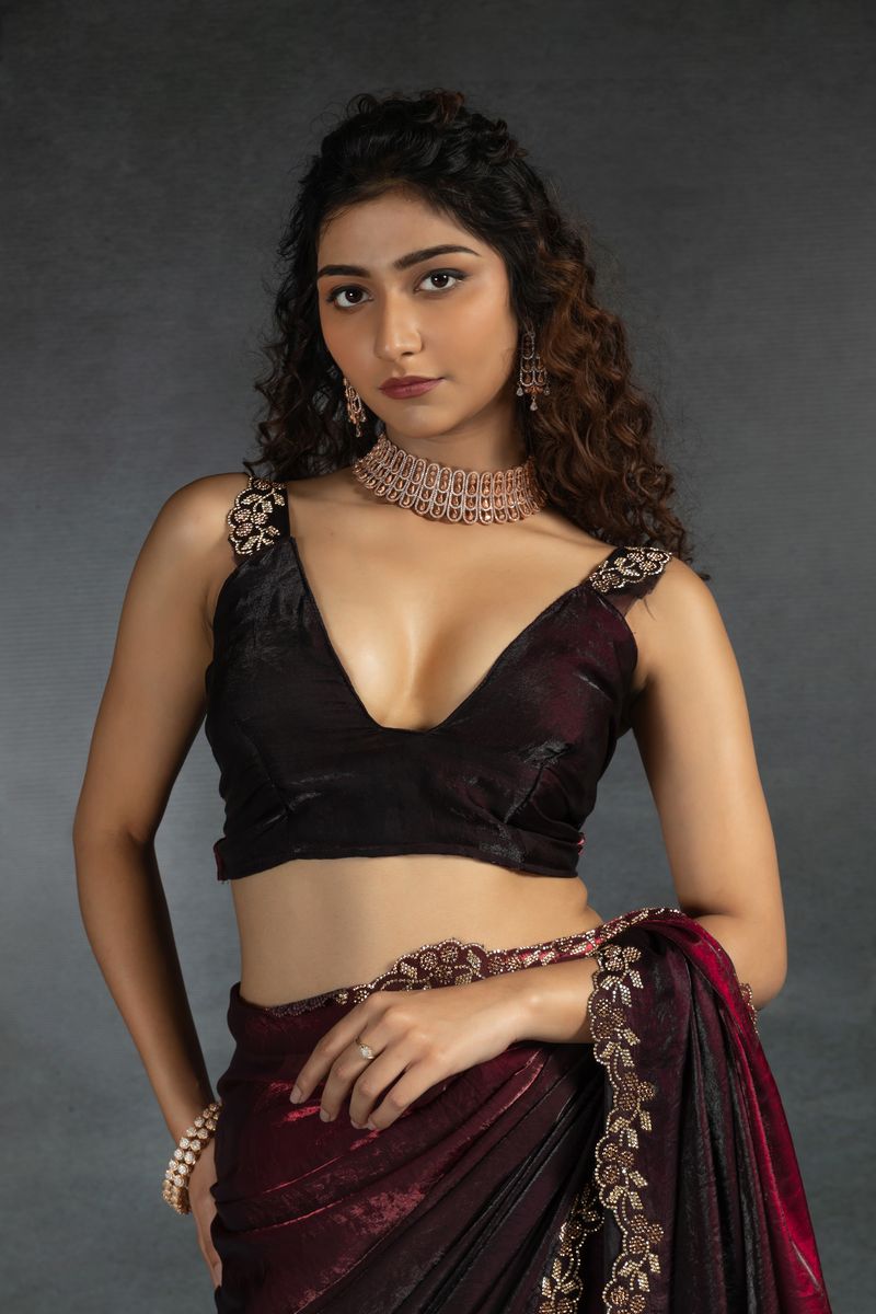 Maroon & Black Two Tone Shaded Satin Silk With Zarkan Handwork & Cut Work Border Saree - qivii