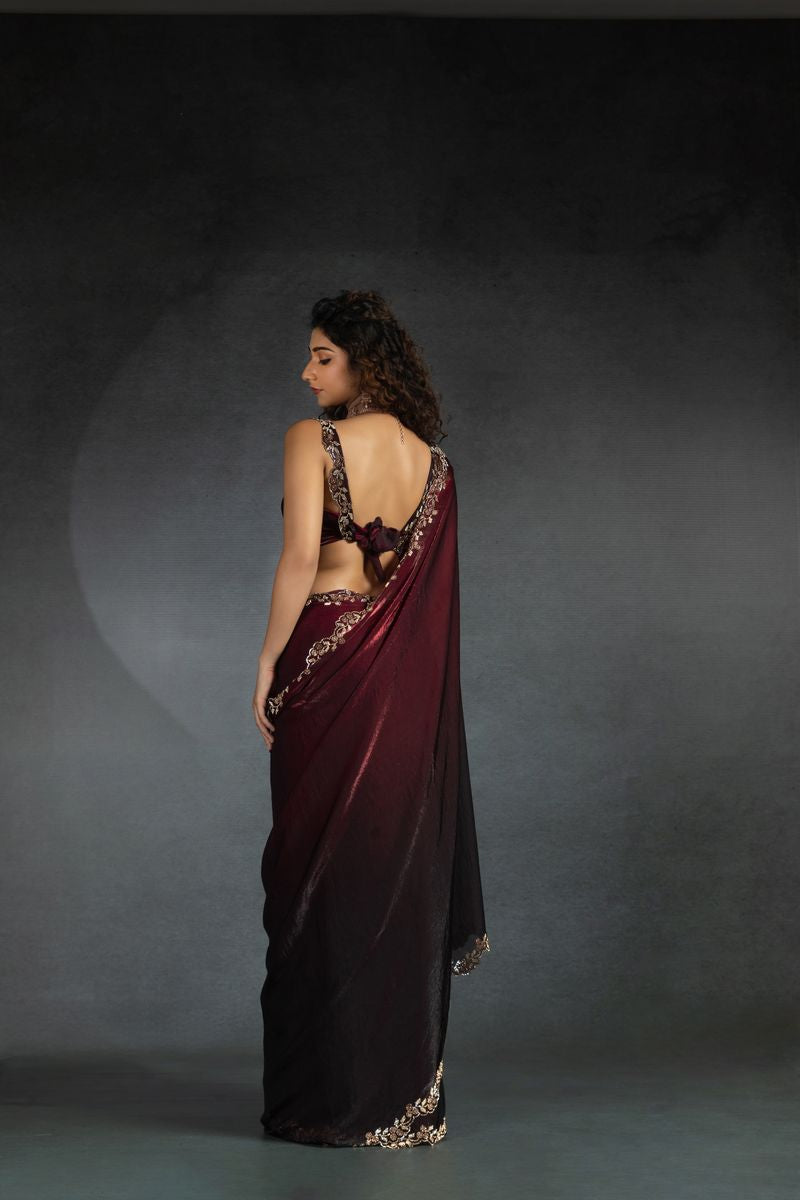 Maroon & Black Two Tone Shaded Satin Silk With Zarkan Handwork & Cut Work Border Saree - qivii
