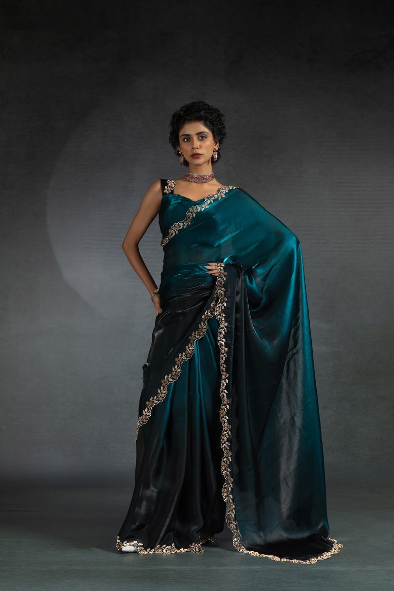 Teal BLue Two Tone Shaded Satin Silk With Zarkan Handwork & Cut Work Border Saree - qivii