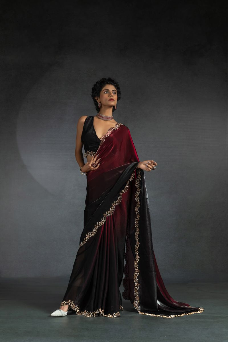 Red & Blacl Two Tone Shaded Satin Silk With Zarkan Handwork & Cut Work Border Saree - qivii