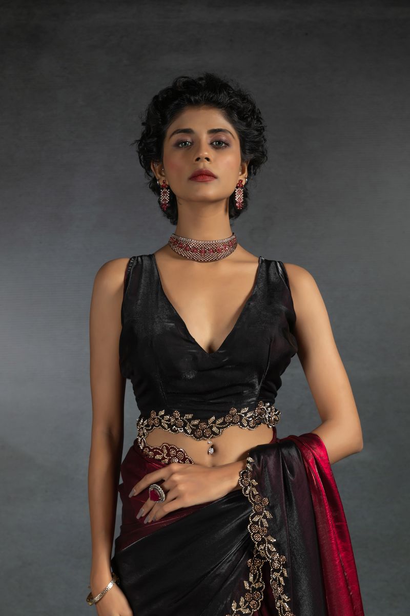 Red & Blacl Two Tone Shaded Satin Silk With Zarkan Handwork & Cut Work Border Saree - qivii