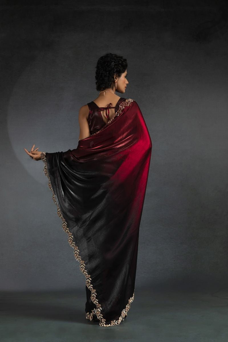 Red & Blacl Two Tone Shaded Satin Silk With Zarkan Handwork & Cut Work Border Saree - qivii