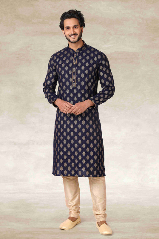 Men's Cotton Printed Work Kurta Pajama In Navy Blue Colour