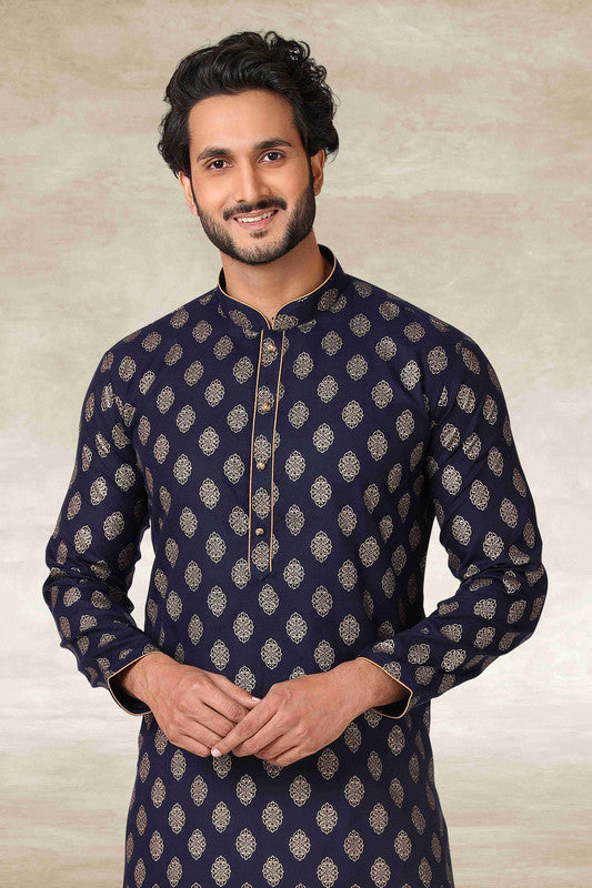 Men's Cotton Printed Work Kurta Pajama In Navy Blue Colour
