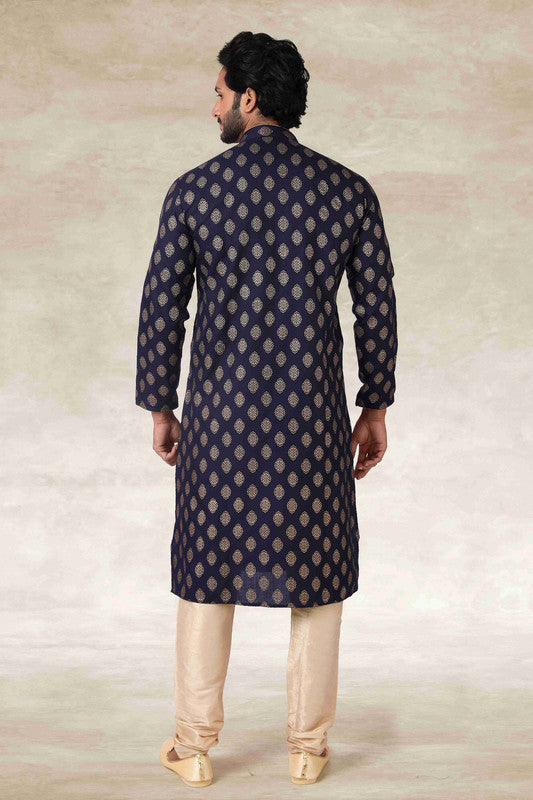 Men's Cotton Printed Work Kurta Pajama In Navy Blue Colour