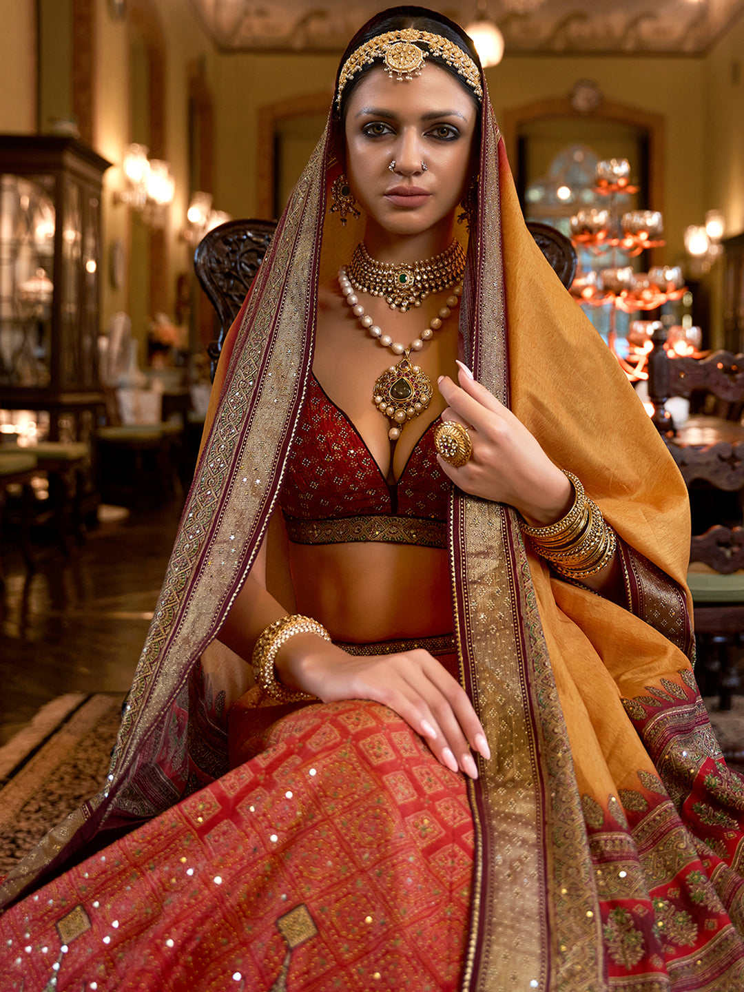 Red-Yellow Designer Silk Ready to Wear Lehenga Choli With Sparkle & Mirror Work - qivii