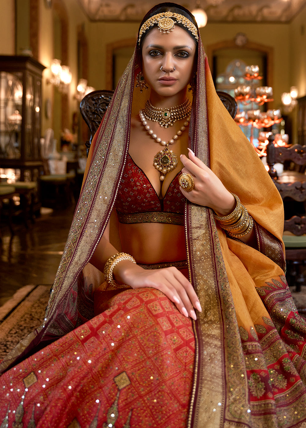 Yellow & Red Ready to Wear Designer Silk Lehenga Choli with Sparkle & Mirror work | Ready To Wear - qivii