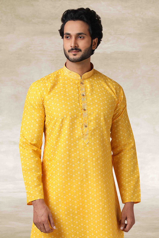 Men's Cotton Printed Work Kurta Pajama In Yellow Colour