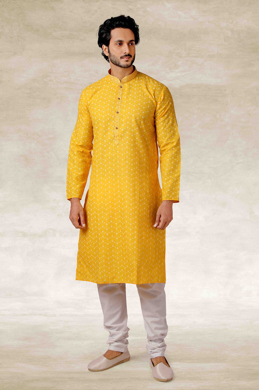 Men's Cotton Printed Work Kurta Pajama In Yellow Colour