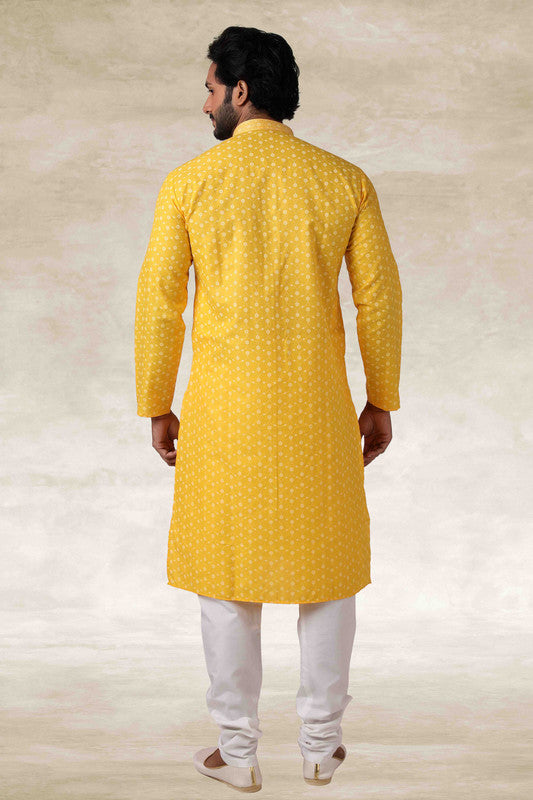 Men's Cotton Printed Work Kurta Pajama In Yellow Colour