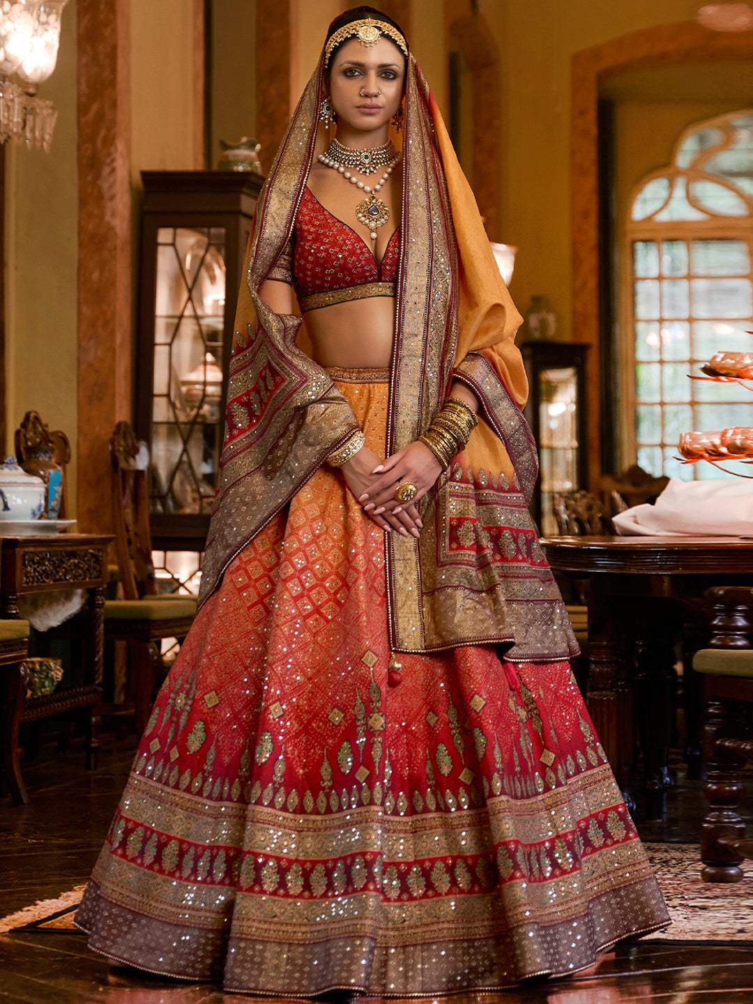 Red-Yellow Designer Silk Ready to Wear Lehenga Choli With Sparkle & Mirror Work - qivii