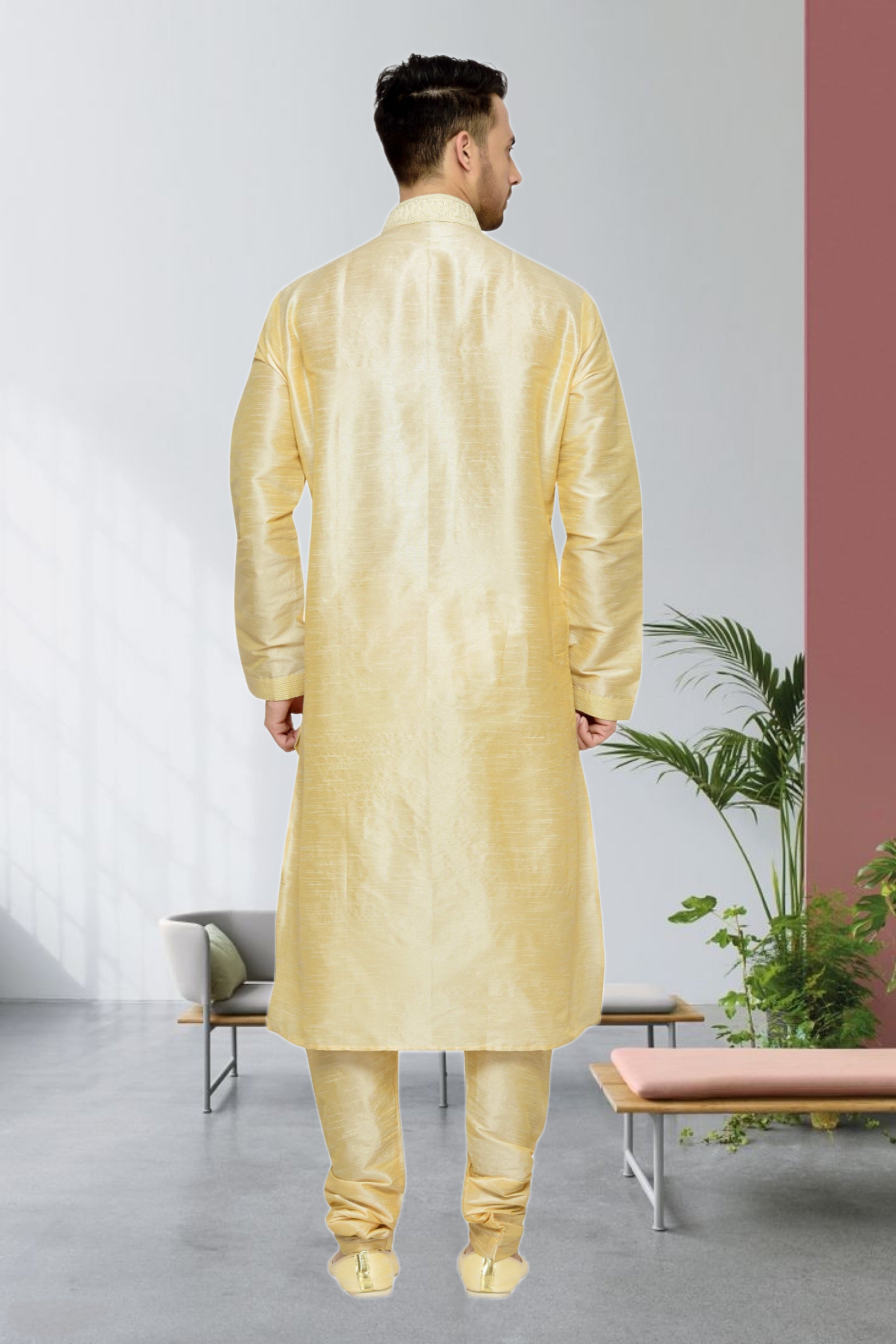 Men's Cotton Printed Work Kurta Pajama In Yellow Colour