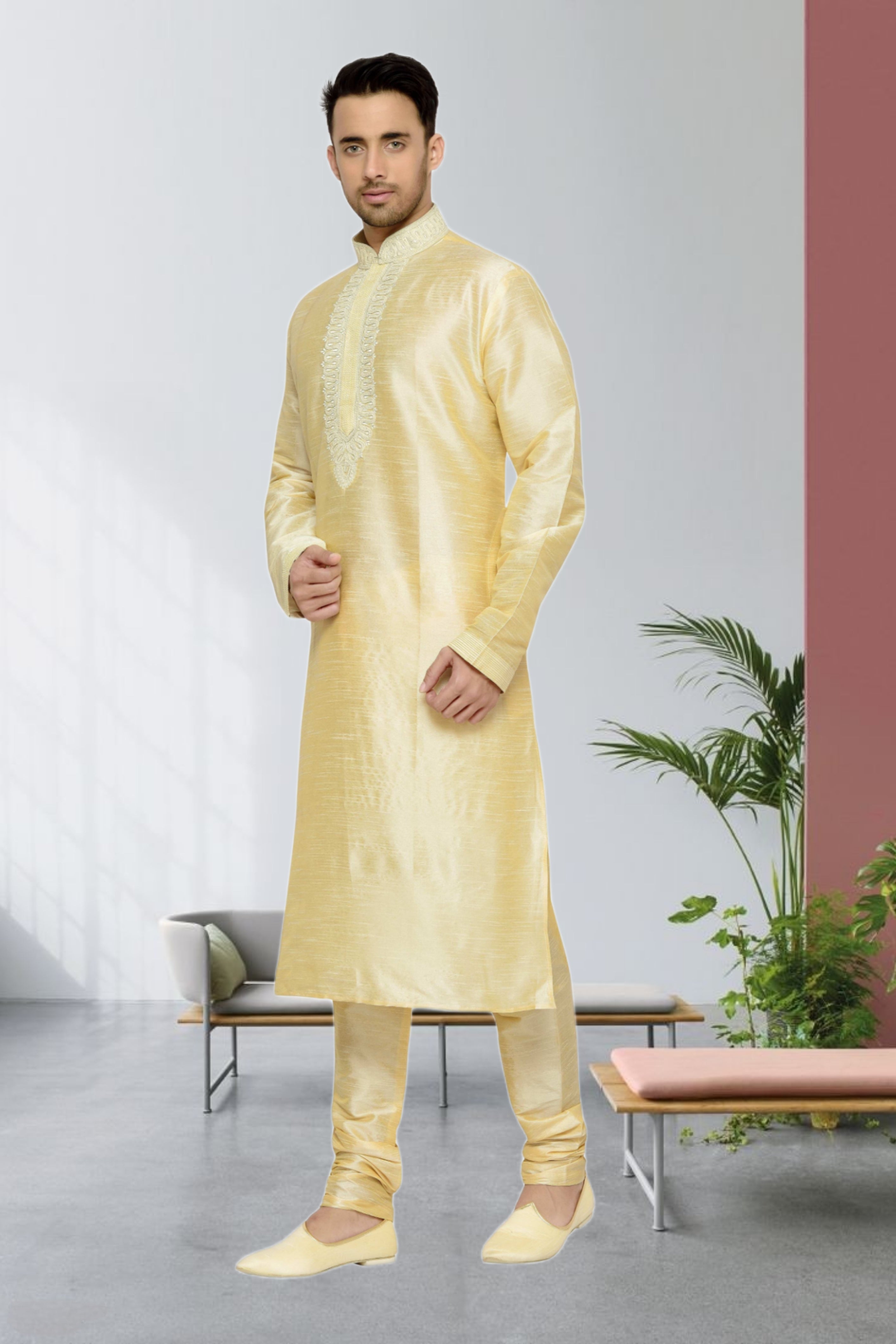 Men's Cotton Printed Work Kurta Pajama In Yellow Colour