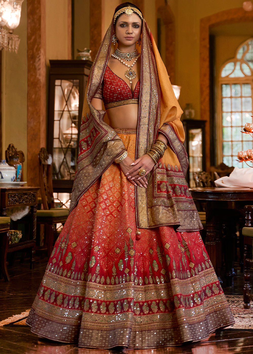 Yellow & Red Ready to Wear Designer Silk Lehenga Choli with Sparkle & Mirror work | Ready To Wear - qivii